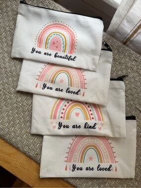 White Canvas Mini Pouches with Pink and Yellow Rainbow Prints with Affirmations